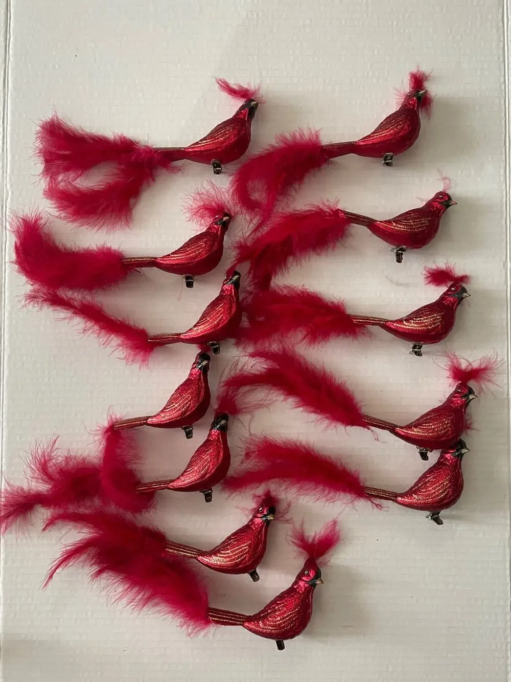 Lot of 12 Christmas Red Cardinal Feathered Clip-on Glass Ornaments Hand Painted